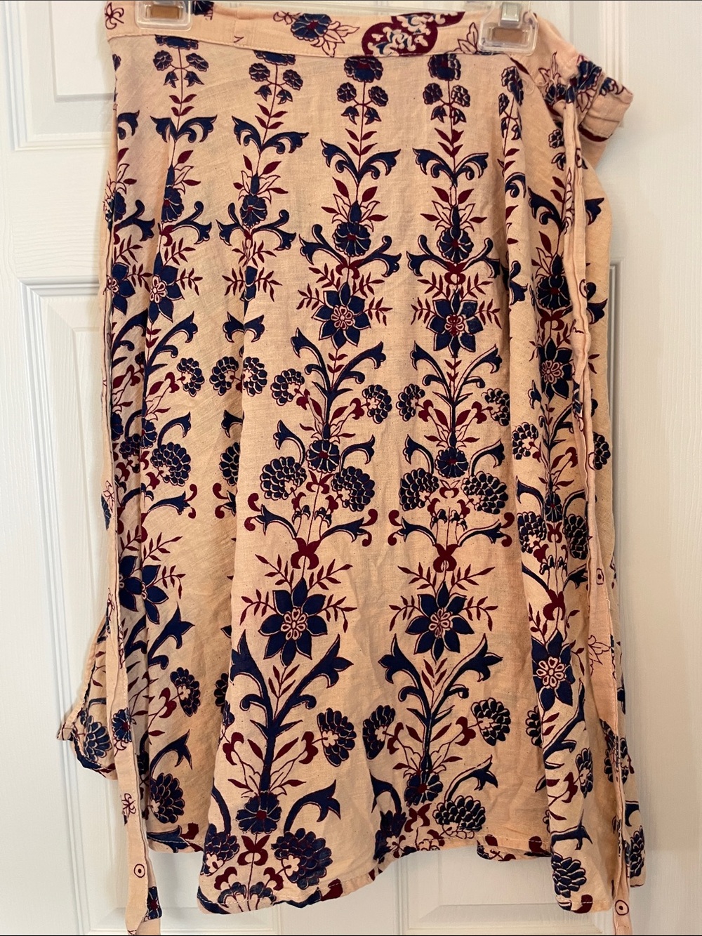 Vintage Floral Print Wrap Skirt — Beige with Navy & Burgundy